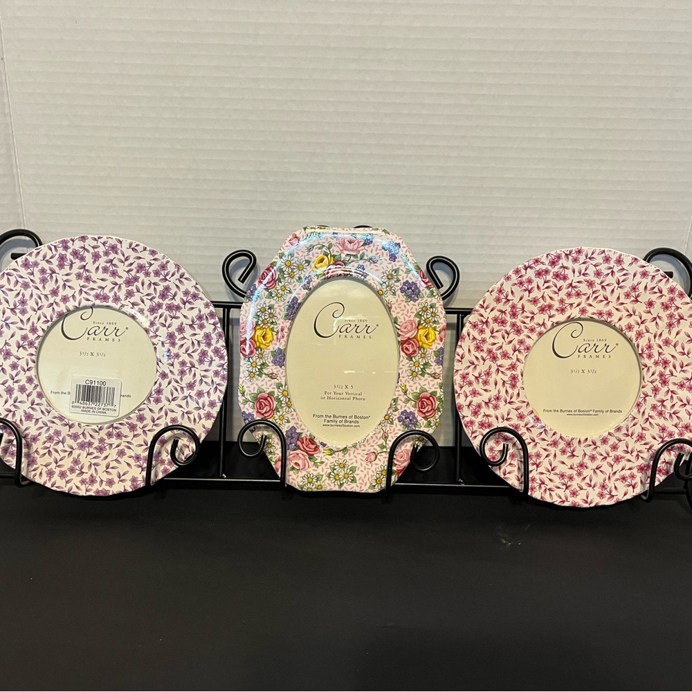 Carr Porcelain Floral Photo Frames Set W/Black Wall Rack  Set Of 3- NIB